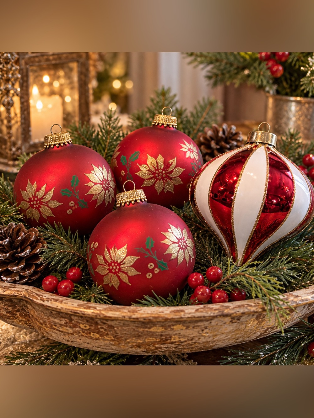 Vintage KREBS Glass Christmas Ornaments Poinsettia + Unmarked Teardrop Lot 4